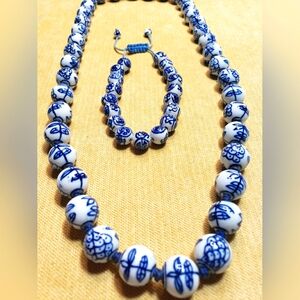 Vintage Chinese Blue and White Porcelain Hand Knotted Necklace and Bracelet Set